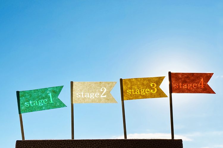 stage1234と書かれた旗四枚と青空と太陽光背景